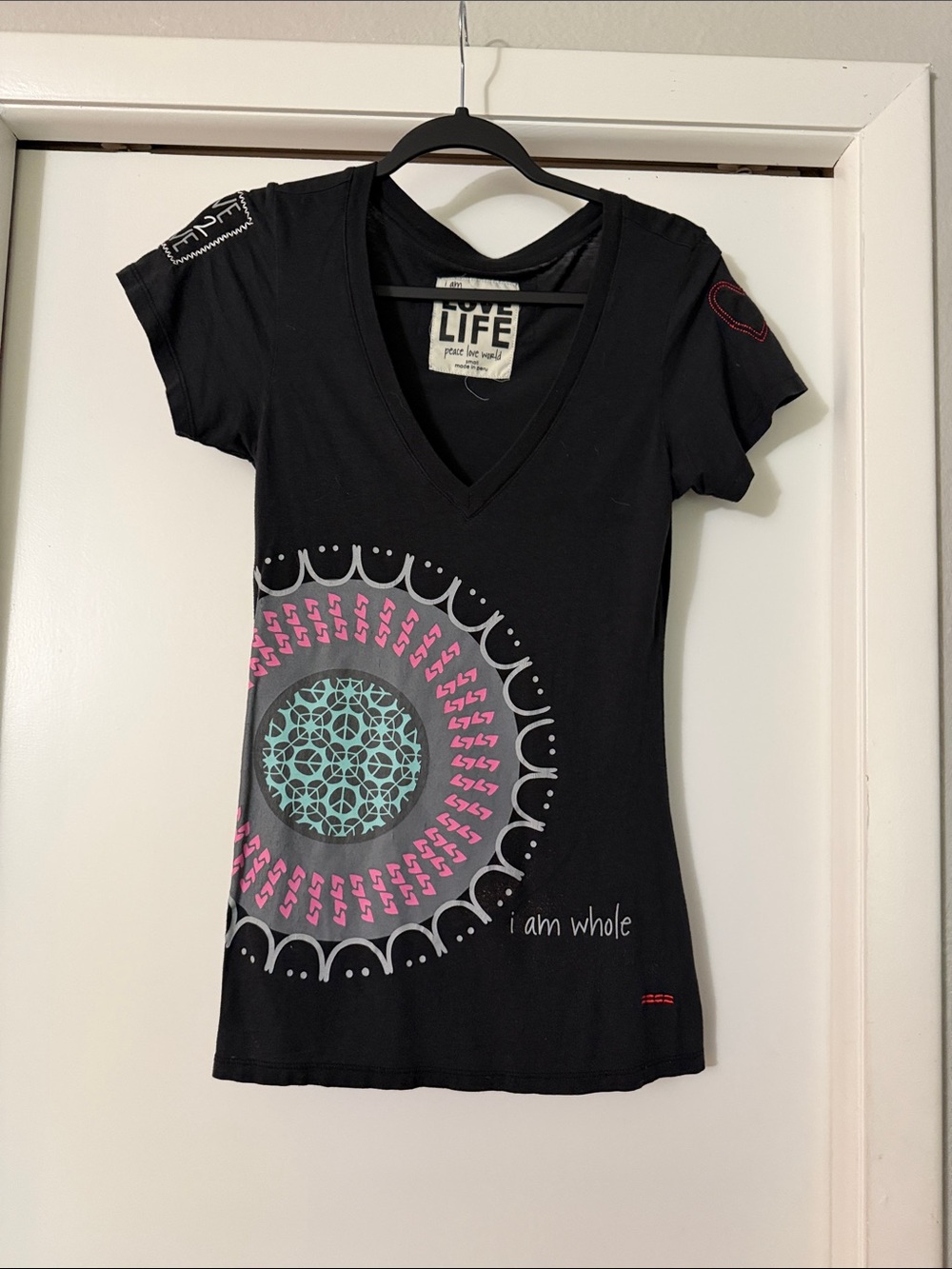 Peace Love World Black V-Neck Tee with Pink & Teal Mandala NWOT